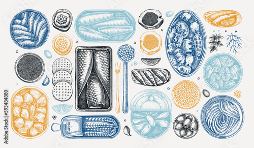 Seafood drawings in color. Hand-drawn tinned fish sketches. Sardines, anchovy, mackerel, tuna, mussels in tin cans, fish canapes, olives, crackers collection. Food vector illustration set