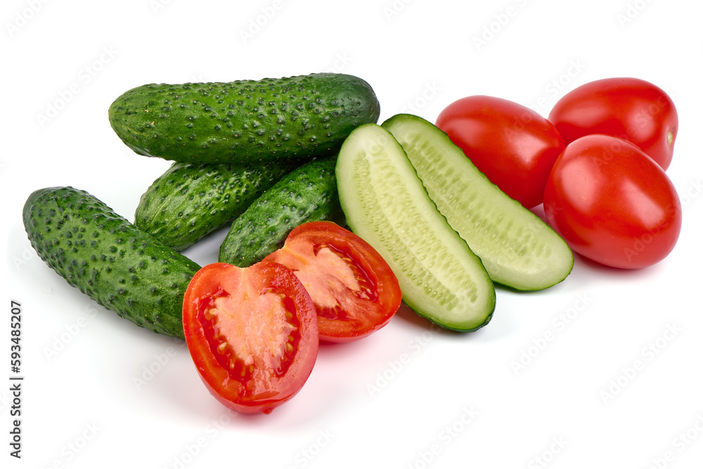 Cucumbers and tomatoes, close-up, isolated on white background. Cucumbers and tomatoes, close-up, isolated on white background.