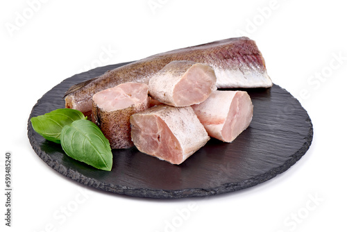 Hake fish fillet, isolated on white background.