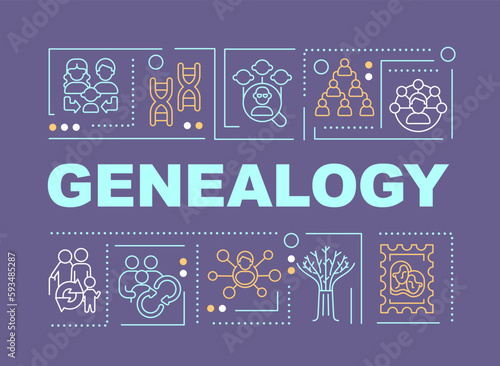 Genealogy word concepts purple banner. Family history research. Infographics with editable icons on color background. Isolated typography. Vector illustration with text. Arial-Black font used