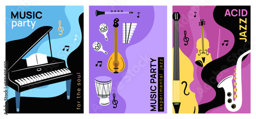 Musical instruments cards. Live performance concert. Club party poster. Acoustic orchestra. Piano music. Saxophone and cello. Jazz band event. Garish vector invitation banners design set