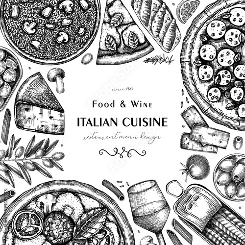  Italian cuisine frame design in sketch style. Hand drawn pizza, pasta, risotto with mushrooms, and canape. Mediterranean food vector background