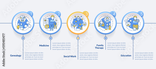 Genograms usage blue circle infographic template. Relationships. Data visualization with 5 steps. Editable timeline info chart. Workflow layout with line icons. Lato-Bold, Regular fonts used