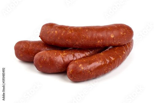 Smoked german sausages, isolated on white background.