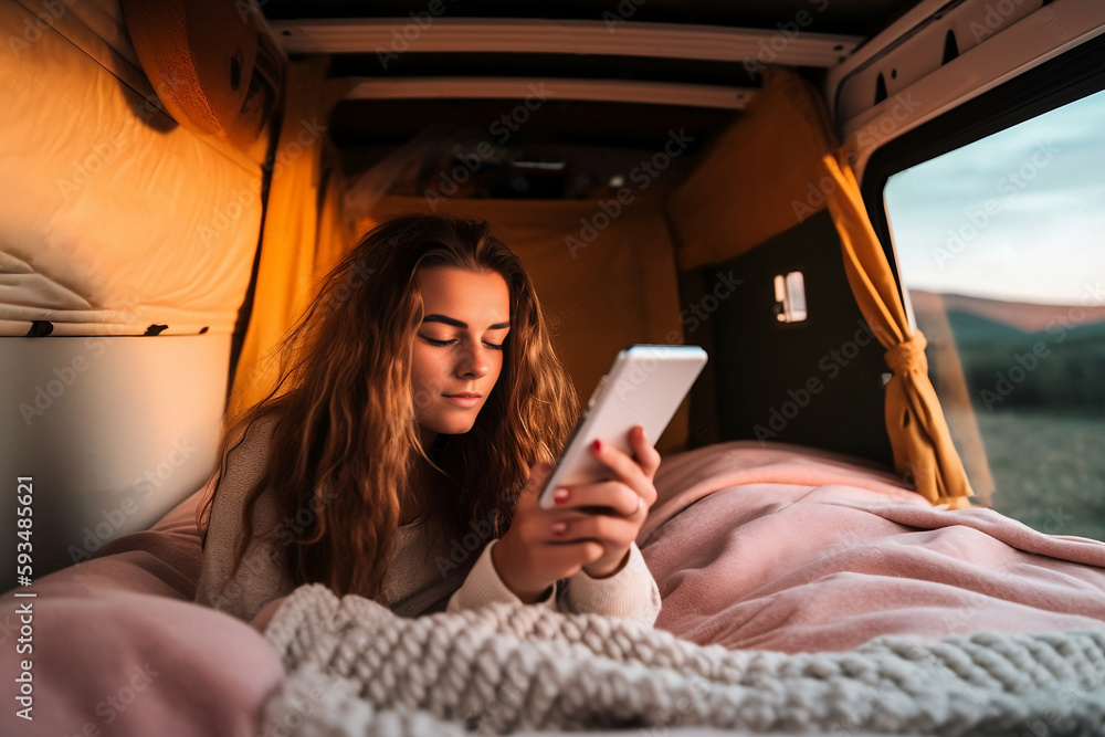 Young woman update photo to social media via phone lying on camper van near coat line beach at sunset, teen gen z waking up in morning checking phone in camping car, generative ai - obrazy, fototapety, plakaty 