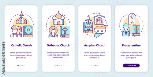 Christian churches onboarding mobile app screen. Confessions walkthrough 4 steps editable graphic instructions with linear concepts. UI, UX, GUI template. Myriad Pro-Bold, Regular fonts used