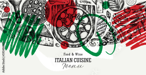  Italian cuisine vector background. Hand drawn pizza, pasta and risotto banner in collage style. Mediterranean food ingredient border - cheese, olives, canape, tinned fish. Trendy menu design template