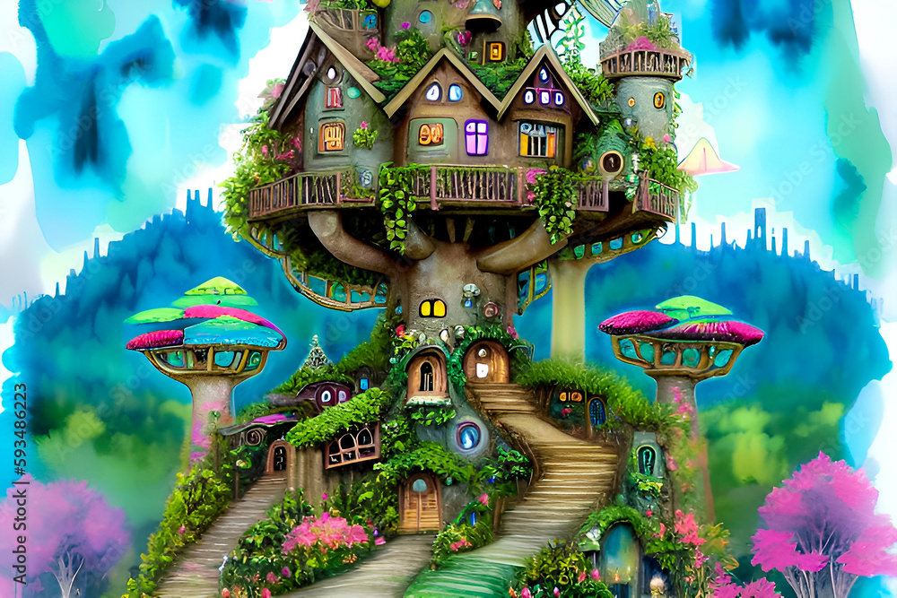 Fantasy fairy tale castle in the jungle. Digital watercolor painting ...