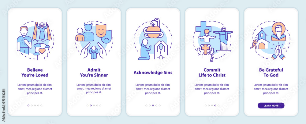 Becoming Christian onboarding mobile app screen. Faith walkthrough 5 steps editable graphic instructions with linear concepts. UI, UX, GUI template. Myriad Pro-Bold, Regular fonts used