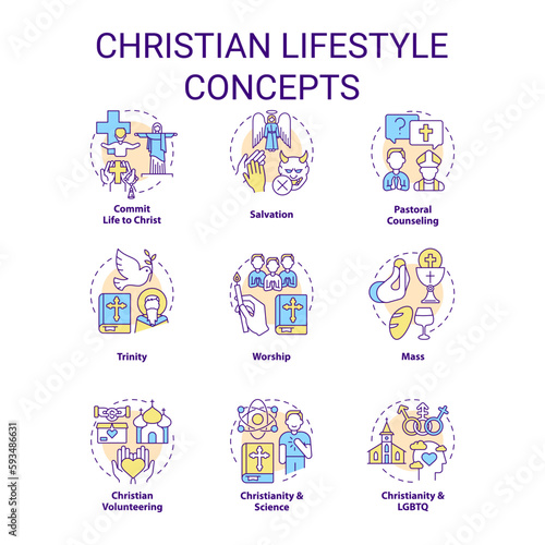 Christian lifestyle concept icons set. Culture of faith and religion. Worship idea thin line color illustrations. Isolated symbols. Editable stroke. Roboto-Medium, Myriad Pro-Bold fonts used