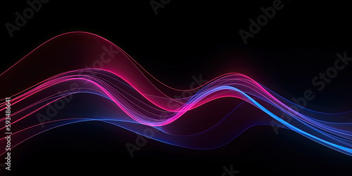 Wave-shaped neon lines on black background. Generative AI