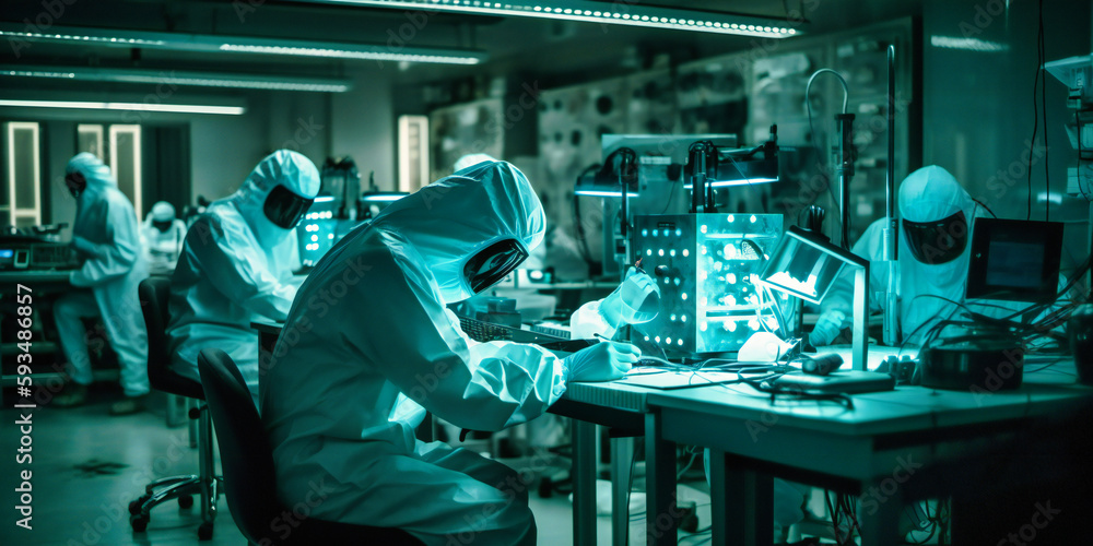 researchers in white helmets working in laboratory with devices
