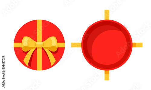 Open a round or circle red mystery gift box with a yellow ribbon on isolated white background. Random secret loot box top view concept. Vector illustration cartoon flat design.
