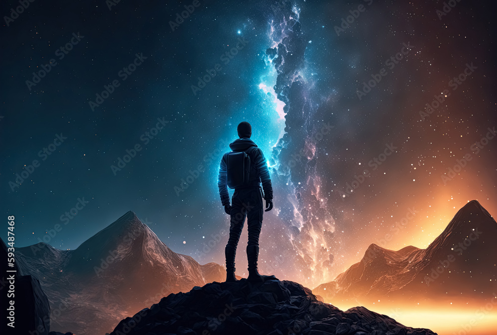 Young man standing and looking up to the starry night sky and the universe above. Generative AI