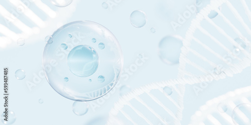 Abstract background with transparent spherical bubbles and DNA strands. 3d render