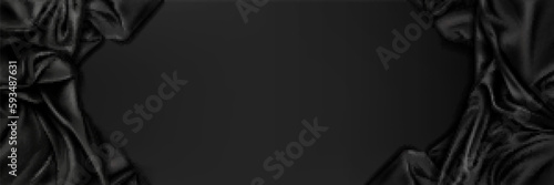 Black silk fabric top view scene luxury wave vector banner background. 3d satin cloth border for beauty product mockup decoration. Dark cosmetic stage premium concept with draping material.