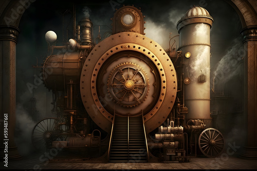 steampunk industrial backdrop with gears and steam-powered machinery, Generative AI