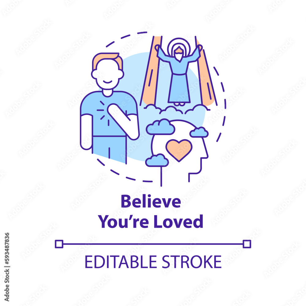 Believe you are loved concept icon. Be accepted by God. Becoming Christian reason abstract idea thin line illustration. Isolated outline drawing. Editable stroke. Arial, Myriad Pro-Bold fonts used Believe you are loved concept icon. Be accepted by God. Becoming Christian reason abstract idea thin line illustration. Isolated outline drawing. Editable stroke. Arial, Myriad Pro-Bold fonts used