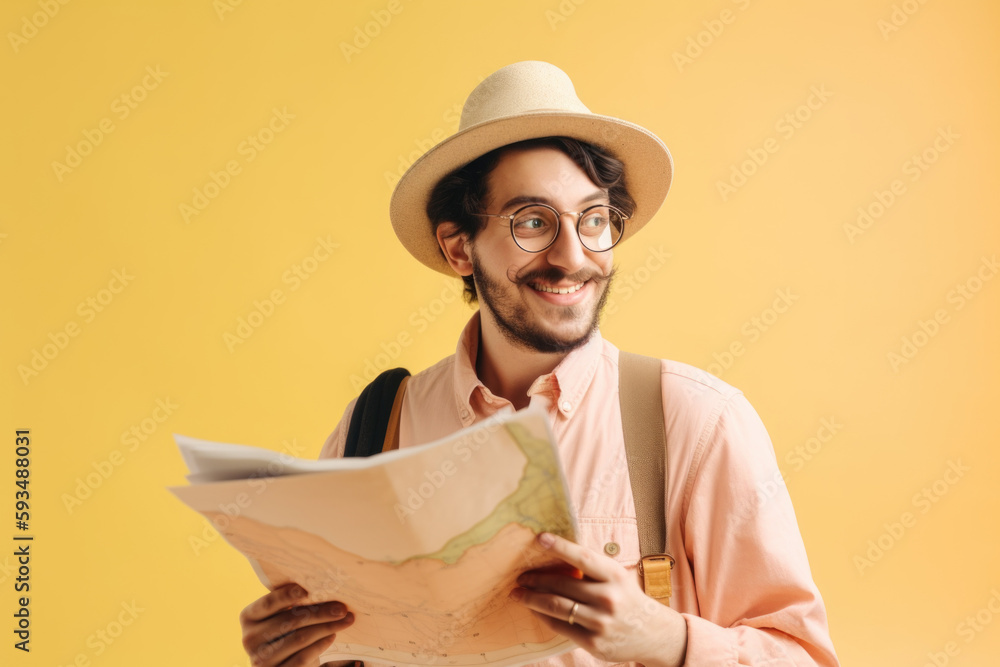 Touring with a Local. Welcoming guide holding map in pastel yellow background. Copy space. Travel concept AI Generative Touring with a Local. Welcoming guide holding map in pastel yellow background. Copy space. Travel concept AI Generative