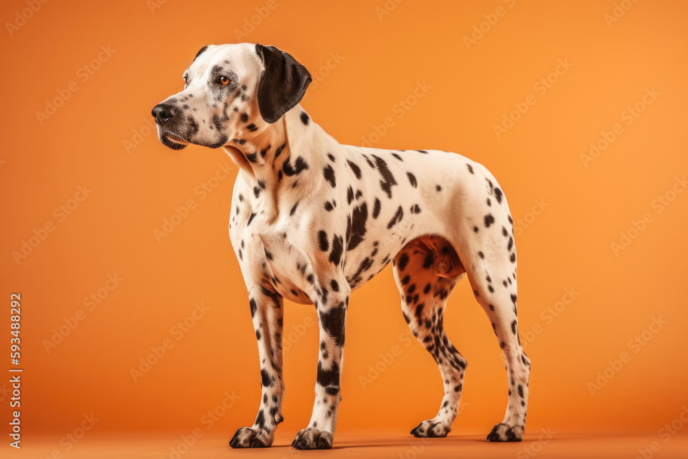 Friendly and Playful. Dalmatian with spots isolated on a pastel orange background with space for text. Copy space. Pet concept AI Generative