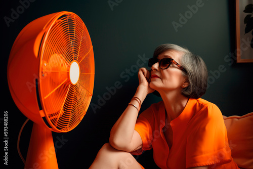Senior woman in front of a fan indoors, orange tones. Heat in summer. Refreshing. Generate by ai