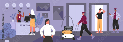 People at hotel reception. Men and women in guest house lobby. Cartoon travelers registered in rooms. Luggage transportation. Elevator concierge. Receptionist at counter. Vector concept