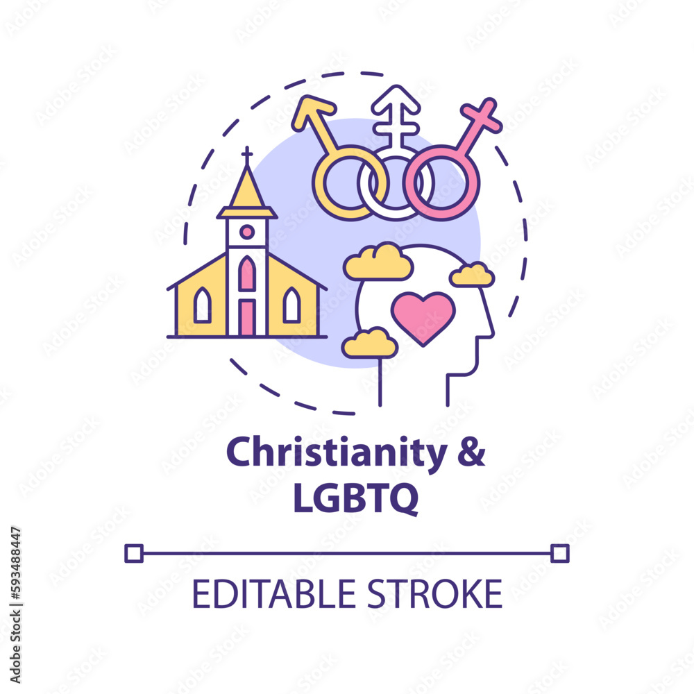 Christianity and LGBTQ concept icon. Acceptance of everybody. Progress in religion abstract idea thin line illustration. Isolated outline drawing. Editable stroke. Arial, Myriad Pro-Bold fonts used