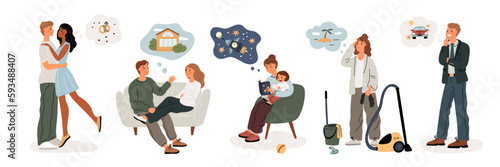 People dream. Men and women daydreaming. Desires and imagination. Couple with thoughts clouds over heads. Aspirations and plans. Persons imagining wedding and travel. Garish vector set