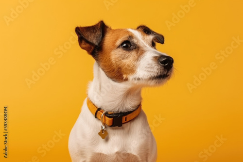 Energetic Jack Russell Terrier. Adorable portrait of a Jack Russell Terrier on a pastel yellow background. Copy space. Pet concept AI Generative © Mr. Bolota