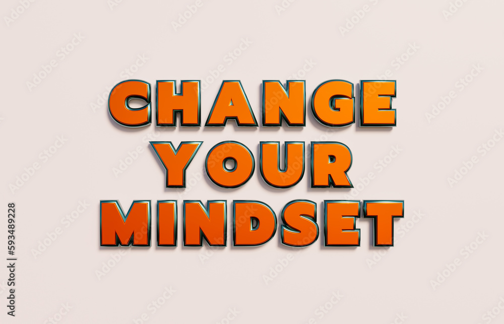 Change your mindset. Words in capital letters, yellow metallic shiny. Advice, encouragement, progress, chance, improvement, brain and opportunity. 3D illustration Change your mindset. Words in capital letters, yellow metallic shiny. Advice, encouragement, progress, chance, improvement, brain and opportunity. 3D illustration