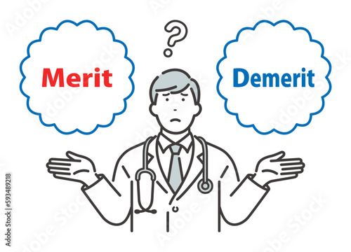 Merit / Demerit：メリットとデメリットを比べて悩む若い男性医師