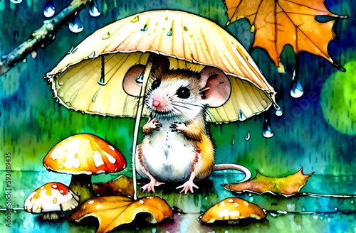 mouse under an umbrella in the rain. Illustration on watercolor