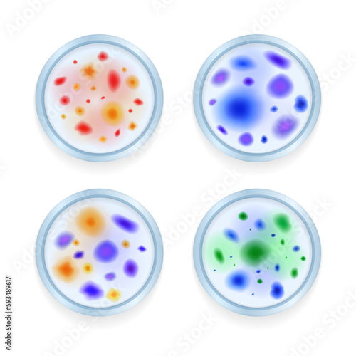 Set of isolated mold fungus bacteria colony spots realistic images on transparent background with editable text vector illustration

