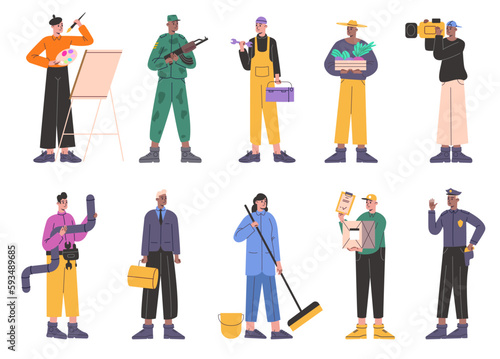 Professions people. Men and women in job uniform. Representatives of various specialties. Gardener and painter. Soldier or deliveryman. Labor and career. Vector isolated workers set