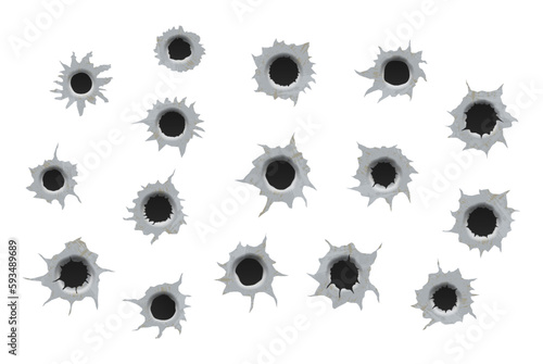 Realisic metal single and double bullet hole, damage effect. Ragged hole in metal from bullets on White transparent background.