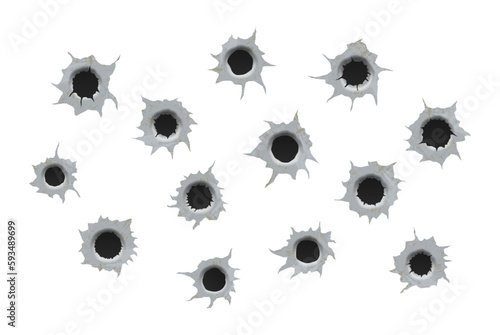 Realisic metal single and double bullet hole, damage effect. Ragged hole in metal from bullets on White transparent background.