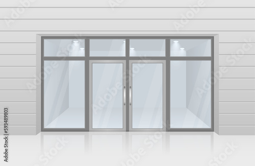 Store facade with storefront and exhibition lights. Glass gate, entrance in store, mall or office. Realistic vector illustration