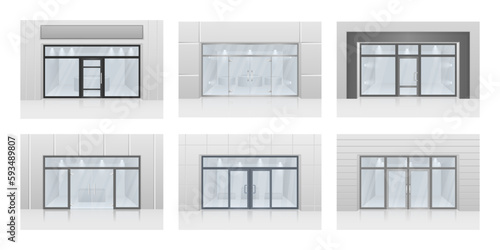 Shopping center mall entrance automatic doors with reflection and black frame. Glass entrance door. 
