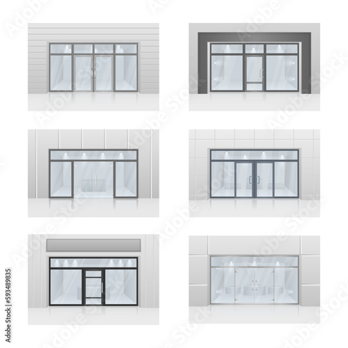 Shopping center mall entrance automatic doors with reflection and black frame. Glass entrance door. 