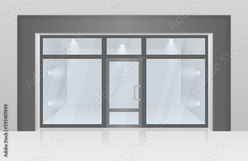 Shopping center mall entrance automatic doors with reflection and black frame. Glass entrance door. 