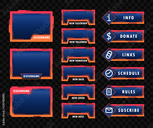 Streamer gamer interface template , video stream tags and broadcast digital menu for FAQ, chat or music player. Overlay game stream interface, neon screen panel frames, vector live twitch UI buttons. 