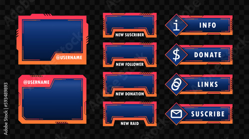 Game stream frames. Streamer gamer interface template , video stream tags and broadcast digital menu for FAQ