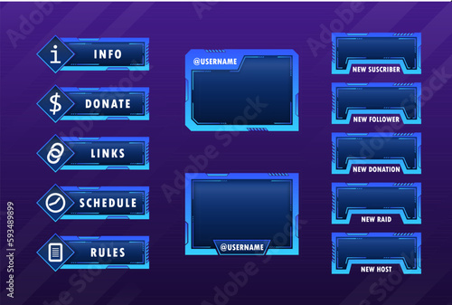 Twitch stream panels collection. Streamer gamer interface template , video stream tags and broadcast digital menu for FAQ, chat or music player. Purple gaming panel set design.