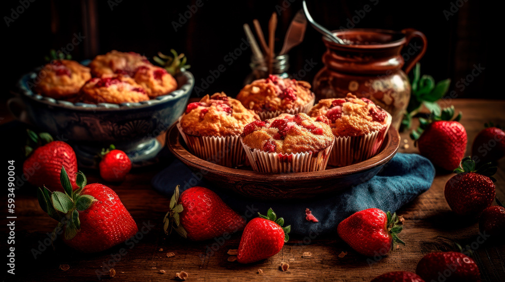 Strawberry muffins on the plate and berries. Generative AI