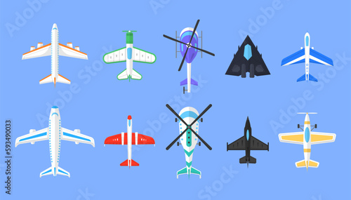 Propeller plane in different views. Small light aircraft with single engine