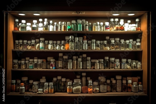 A medication cabinet  shelf after shelf lined with pill bottles. Prescription medication use is at an all time high  a quick fix for problems that run deeper. Generative AI