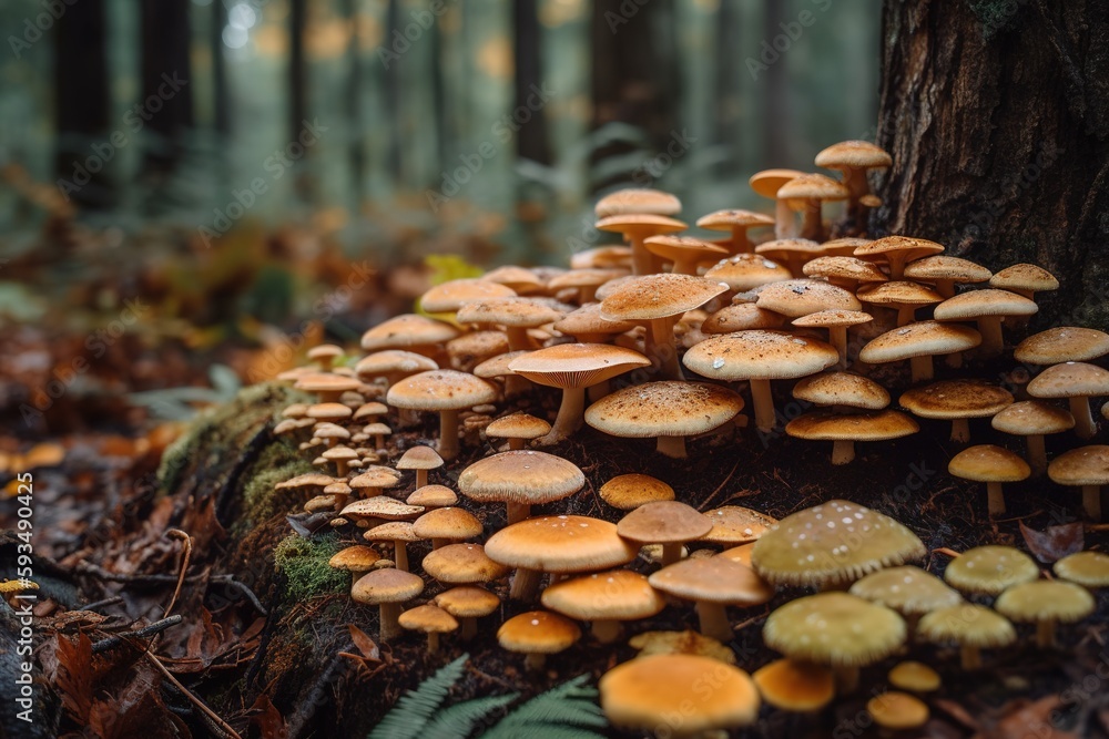 A mushroom patch, hundreds of varieties of psychedelic mushrooms growing on logs in a forest. Safe natural medicine, unregulated and unprocessed. Generative AI