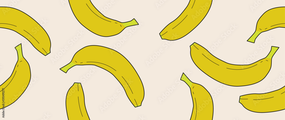 Vector flat illustration. Bananas on a light background. Seamless background for your design. Ideal for advertising, packaging, textiles or posters. Vector flat illustration. Bananas on a light background. Seamless background for your design. Ideal for advertising, packaging, textiles or posters.
