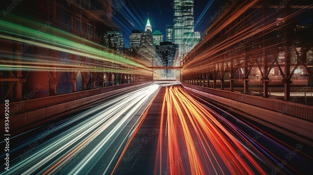 Obraz premium Long exposure of a road with light trails of passing vehicles. AI Generative
