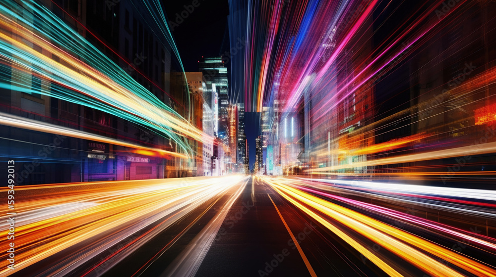 Obraz premium Long exposure of a road with light trails of passing vehicles. AI Generative